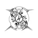 the symbol of pisces, aries and taurus in black with a color blur on the back tattoo design idea