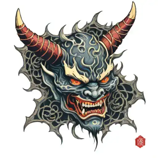 Evil fire giant demon hannya mask adorned in thorns ripped apart horror tattoo design idea