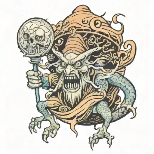 wizard fighting beholder dungeons and dragons old school 1970s tattoo design idea