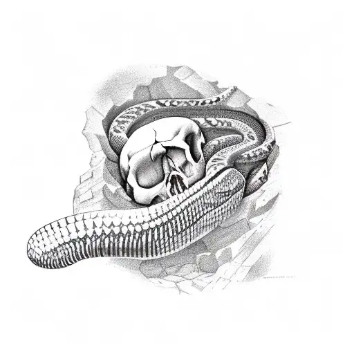 a snake going through a Skull of an animal. a blowpipe is Sticked in Sand in Front  tattoo design idea