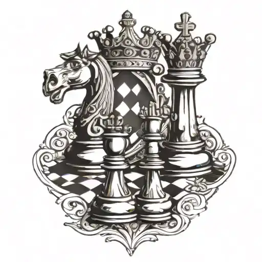 king and queen chess with heart tattoo design idea