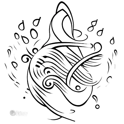A surfer riding a wave formed by musical notes tattoo design idea