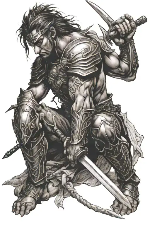 warrior kneeling with sword intertwined tattoo design idea