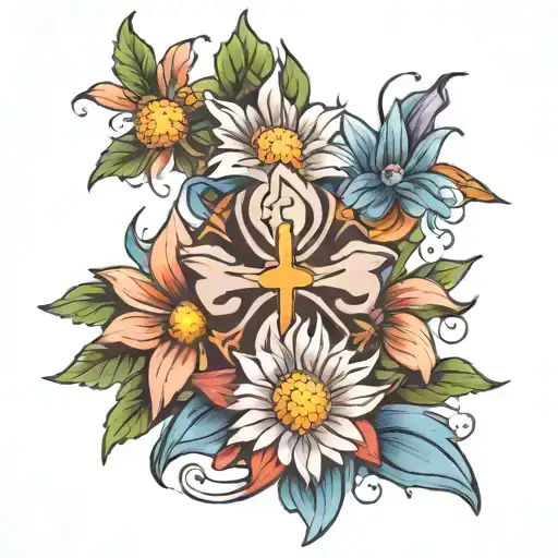 cross and aster flower tattoo design idea