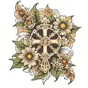 cross and aster flower tattoo design idea