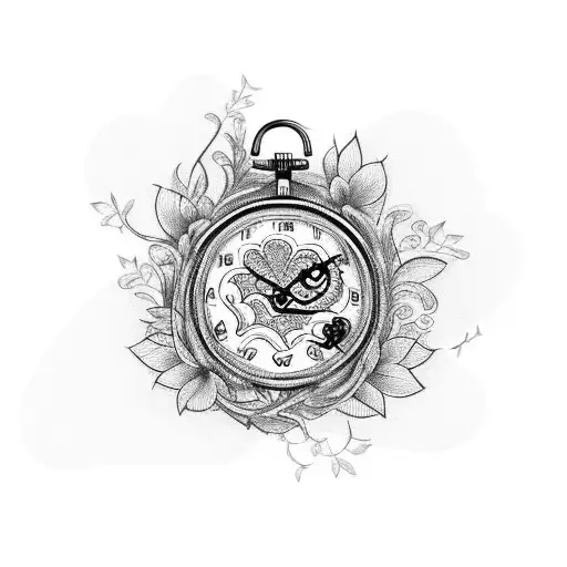 clock with heart and floral vines tattoo design idea