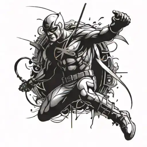 A dark and intricate tattoo design featuring Daredevil and rain imagery tattoo design idea