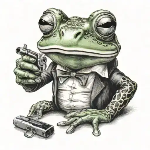 a frog smoking and holding gun shooting tattoo design idea