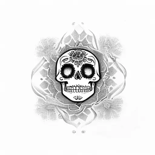 A Catrina (Mexican sugar skull) adorned with money and surrounded by drug-related symbols tattoo design idea