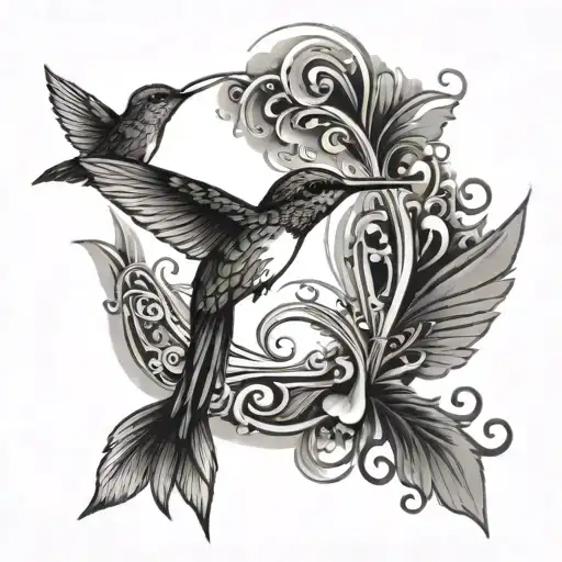 A black and grey tattoo of a hummingbird surrounded by a swirling design inspired by music waves tattoo design idea