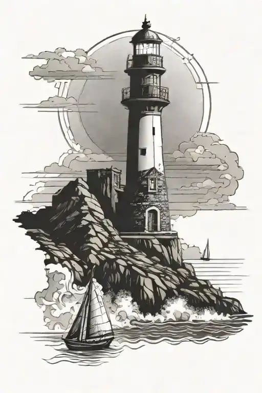 lighthouse at a cliff overlooking sail boat tattoo design idea