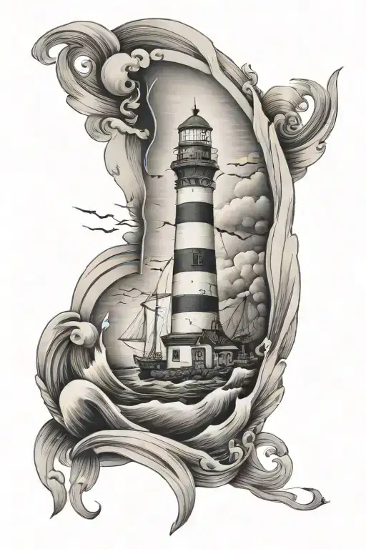 lighthouse at shore sail boat sailing tattoo design idea