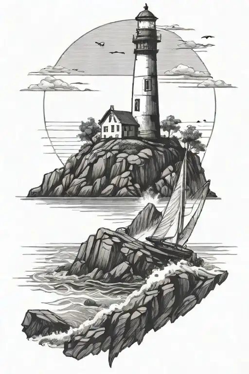 lighthouse at a rocky shore sail boat sailing tattoo design idea