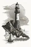 lighthouse at a cliff overlooking sail boat tattoo design idea
