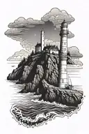 lighthouse at a cliff overlooking sail boat tattoo design idea