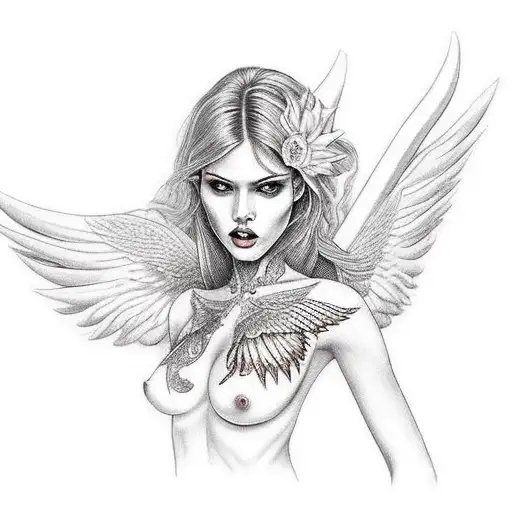female angel with a slender but voluptuous figure with a beautiful white wing and another evil black wing wearing a tigh tattoo design idea