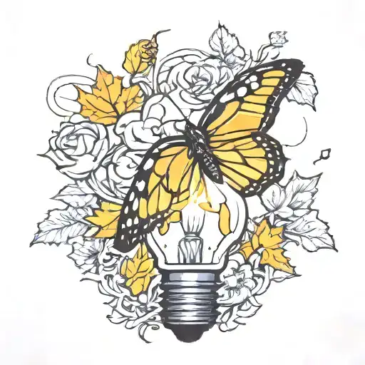 Broken light bulb, flowers growing inside, single butterfly falling maple leaves tattoo design idea