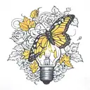 Broken light bulb, flowers growing inside, single butterfly falling maple leaves tattoo design idea