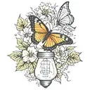 Broken light bulb, flowers growing inside, single butterfly falling maple leaves tattoo design idea