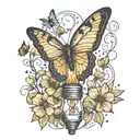 Broken light bulb, flowers growing inside, single butterfly falling maple leaves tattoo design idea