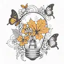 Broken light bulb, flowers growing inside, single butterfly falling maple leaves tattoo design idea