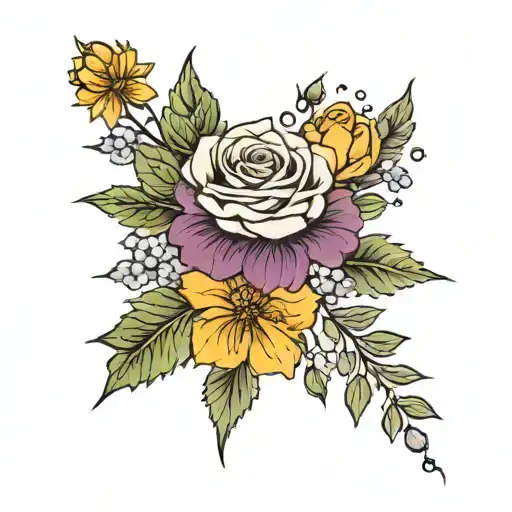 rose, larkspur, marigold, chrysanthemum tattoo design idea