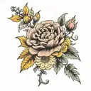 rose, larkspur, marigold, chrysanthemum tattoo design idea