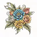 rose, larkspur, marigold, chrysanthemum tattoo design idea