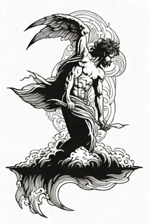 icarus falling from heaven into a craggy sea waves tattoo design idea