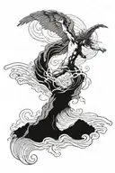 icarus falling from heaven into a craggy sea waves tattoo design idea