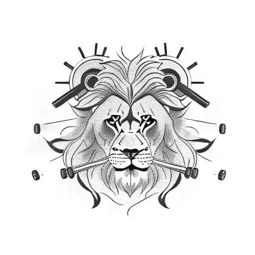 A fierce lion doing a deadlift with a barbell tattoo design idea