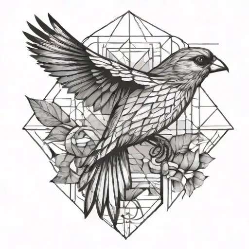 finch landing line art tattoo design idea