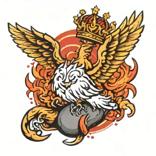 a weight on fire with wings and a crown in its paws tattoo design idea