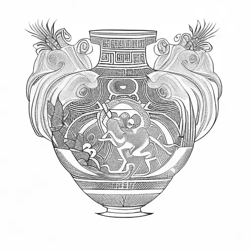 an ancient greek vase with sun rays and plants  tattoo design idea