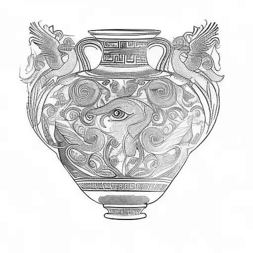 an ancient greek vase with sun rays and plants  tattoo design idea