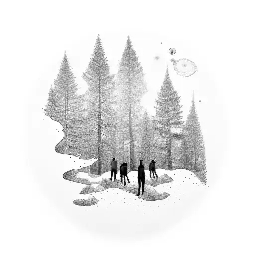 a big forest with a man standing in the middle with spiders tattoo design idea