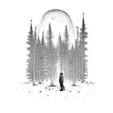 a big forest with a man standing in the middle with spiders tattoo design idea