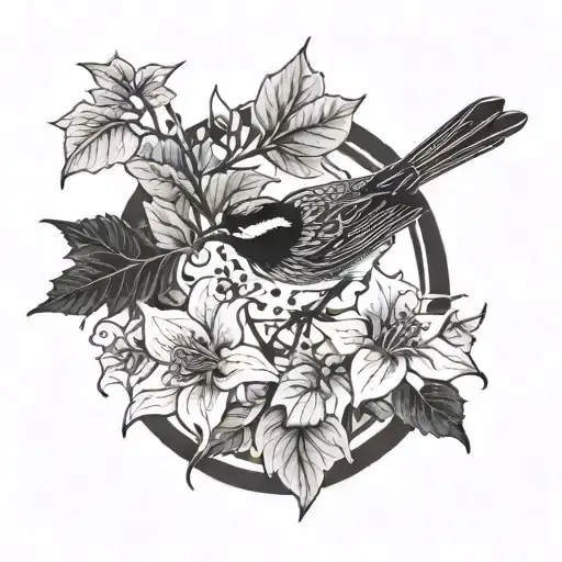 Honeysuckle flower with bird and fall leaves tattoo design idea