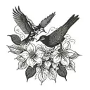 Honeysuckle flower with bird and fall leaves tattoo design idea
