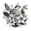 Honeysuckle flower with bird and fall leaves tattoo design idea