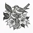 Honeysuckle flower with bird and fall leaves tattoo design idea
