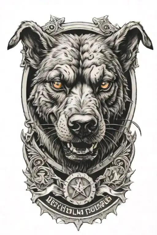 A realistic depiction of a hellhound with a correctional officer's badge tattoo design idea