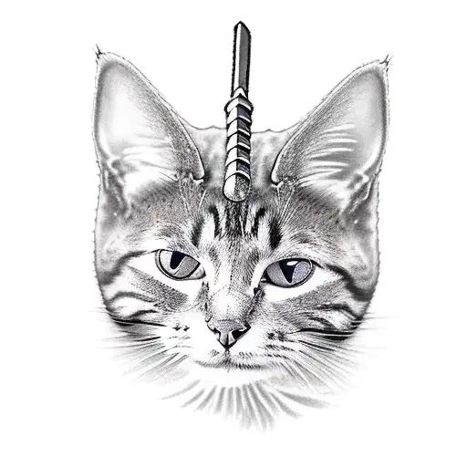 A cat wearing a samurai hat sitting with a sword in a field tattoo design idea
