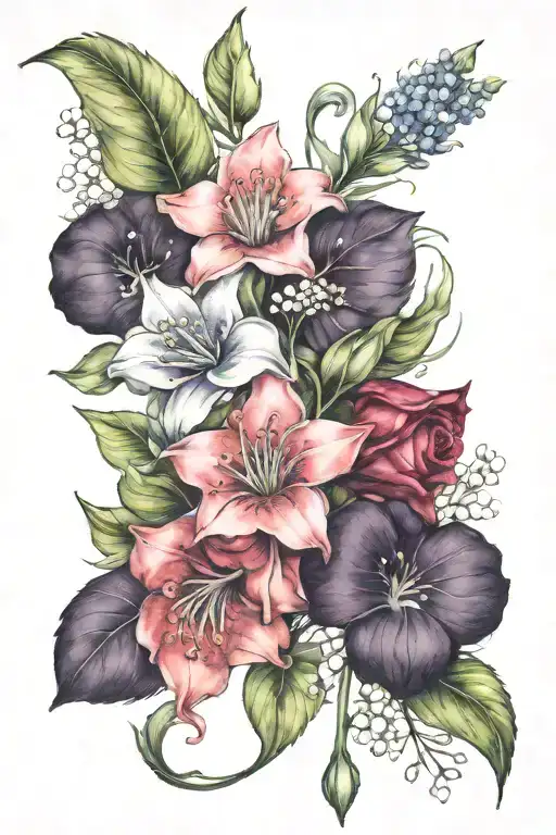 prime rose, lily of the valley, morning glory bouquet tattoo design idea