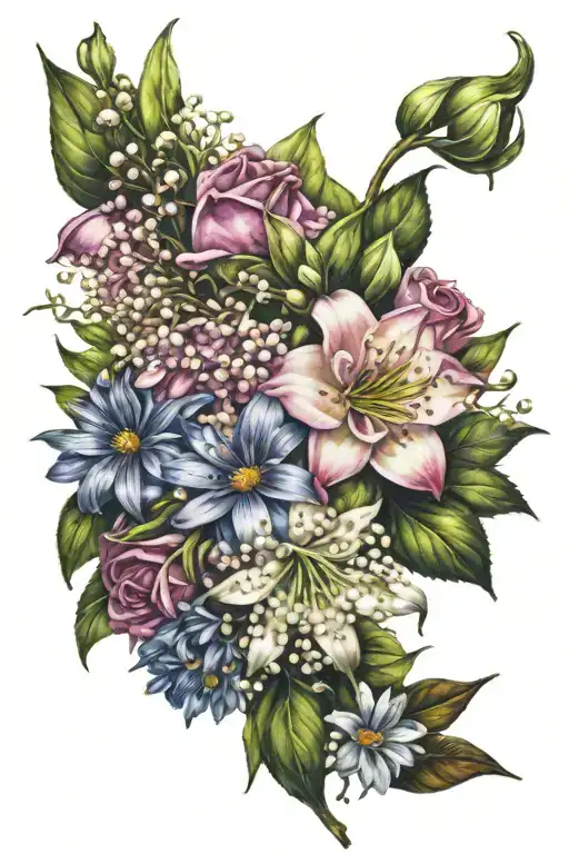 Prime Rose, lily of the valley, aster bouquet  tattoo design idea