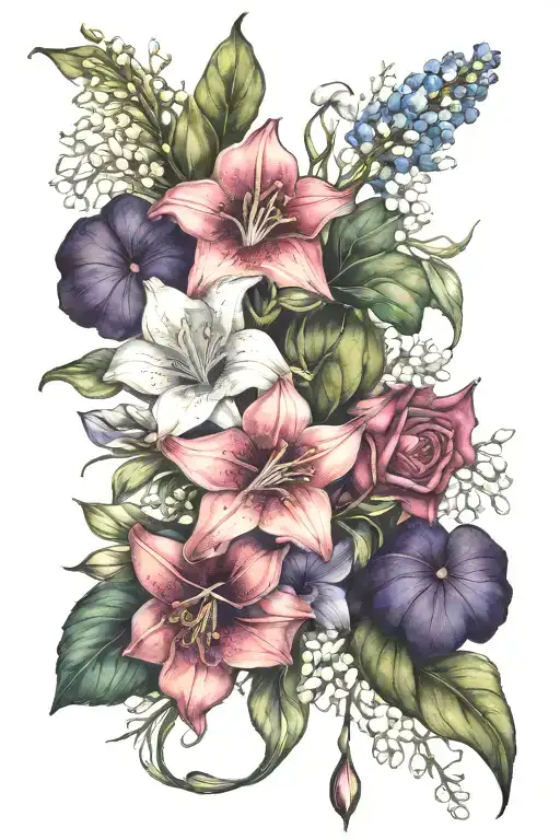 prime rose, lily of the valley, morning glory bouquet tattoo design idea