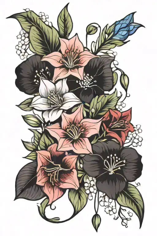 prime rose, lily of the valley, morning glory bouquet tattoo design idea