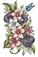 prime rose, lily of the valley, morning glory bouquet tattoo design idea