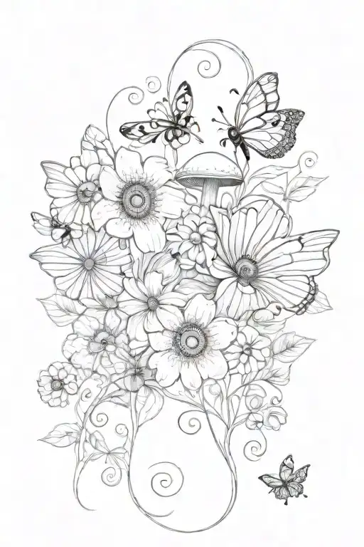 flowers, vines, mushroom, butterflies, bees and eyeball  tattoo design idea