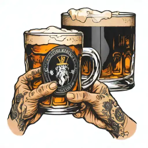 a Guiness Beer Mug and a whiskey old fashioned drink with one singular large ice cude clinking togther  tattoo design idea